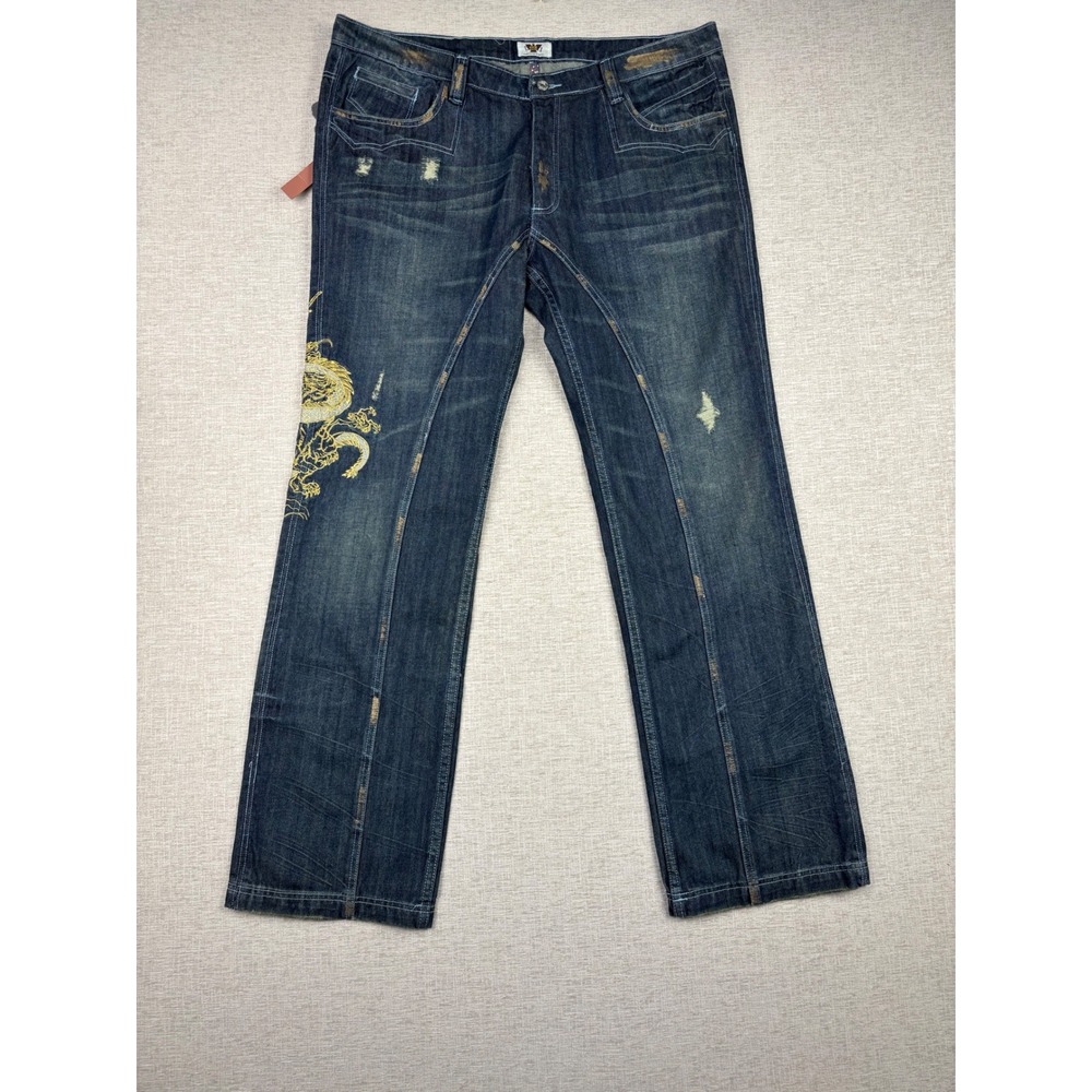 Antik Denim Mens 38x33 Jeans Y2K Dragon Embroidered Dark Washed Denim JNCO Style